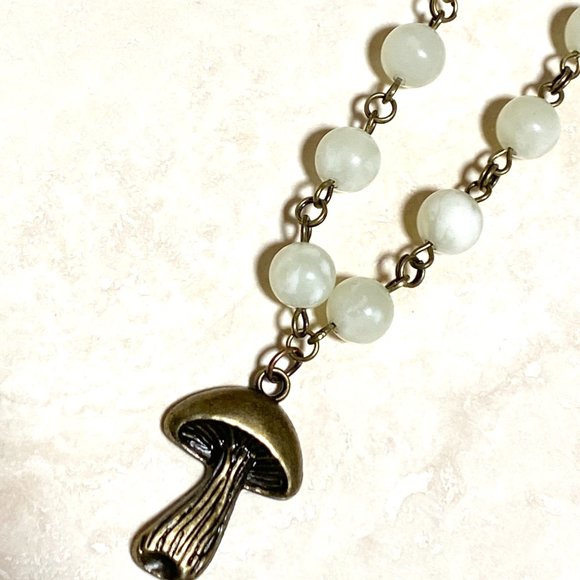 Natural Pale Green Serpentine Necklace, Bronze Slim Mushroom + Genuine Gemstone - Picture 7 of 14